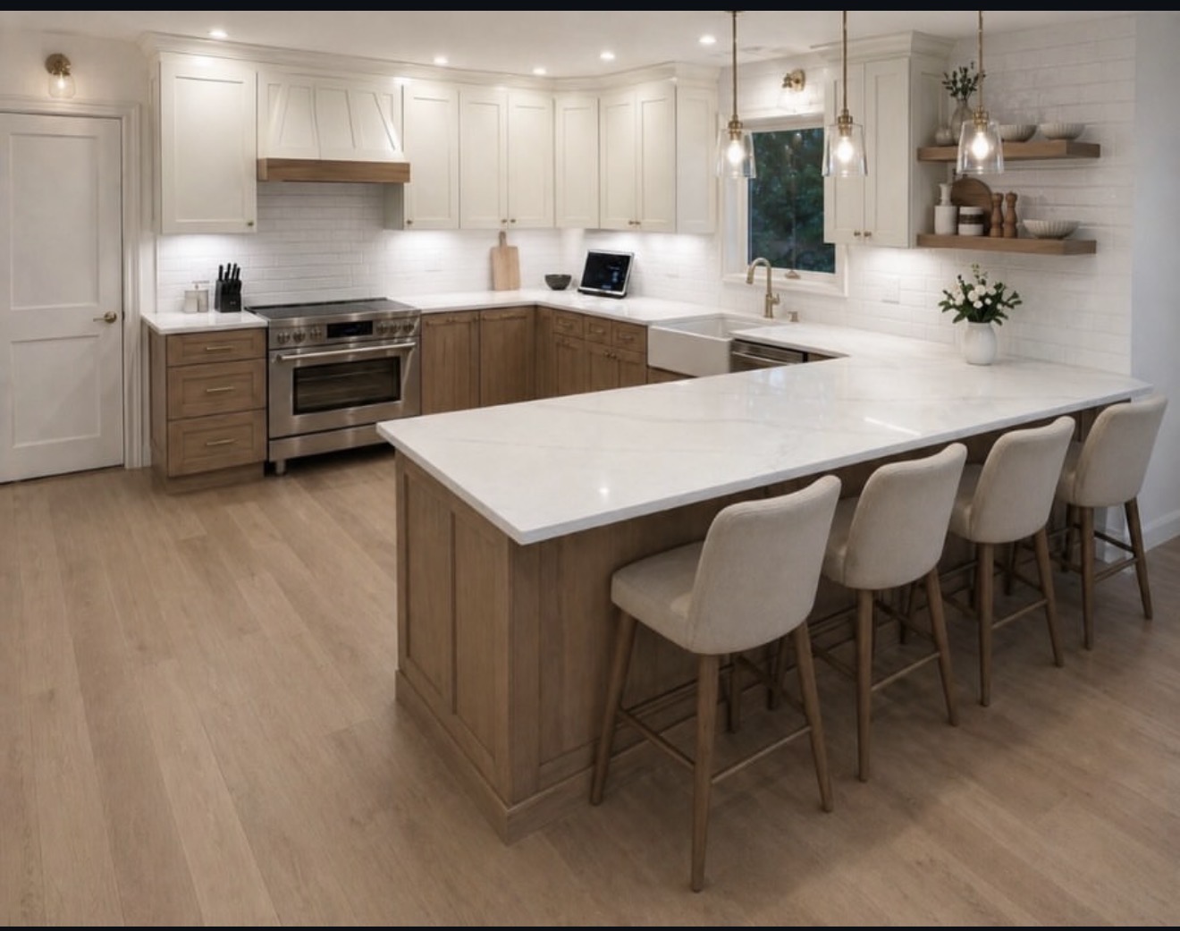 Kitchen remodel by Ace Estates with white cabinets, wood island and quartz countertops