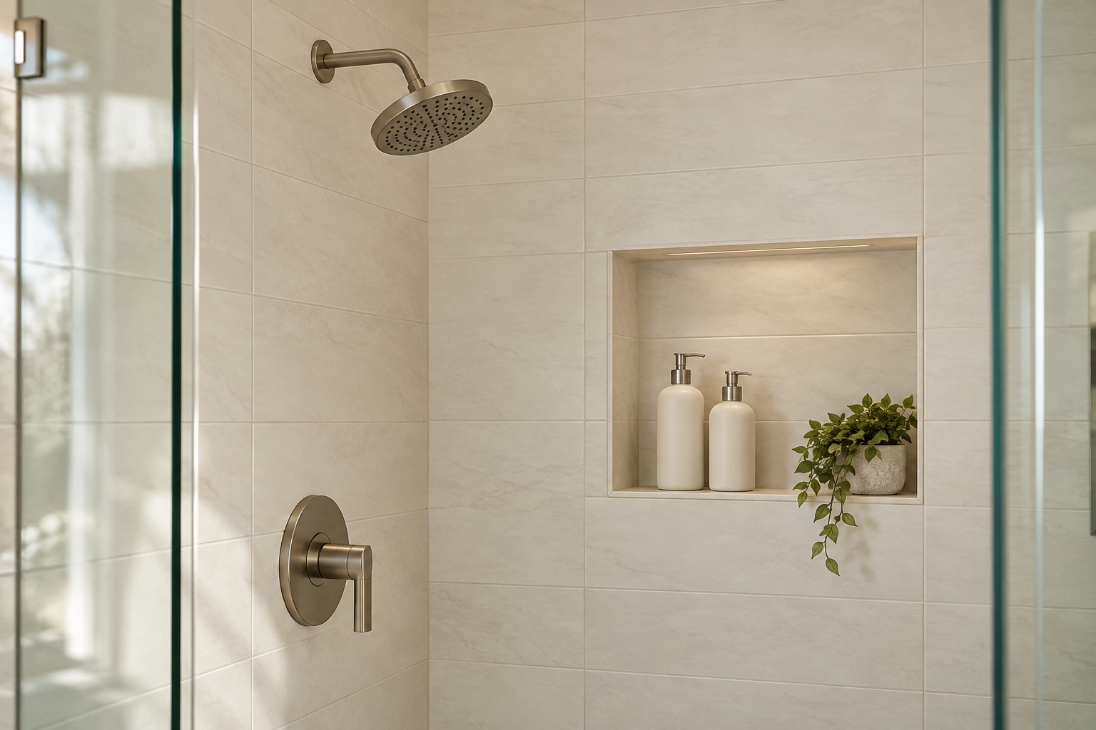 Shower niche and brushed metal fixtures against warm white tile.