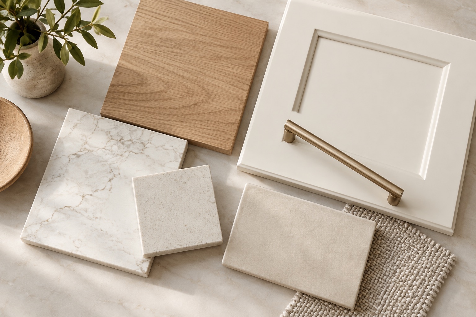 Coordinated wood, stone, tile, cabinet, hardware, and textile samples.