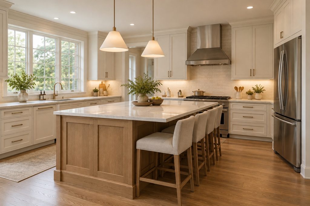 White kitchen cabinets and an oak island with seating and pendant lighting.