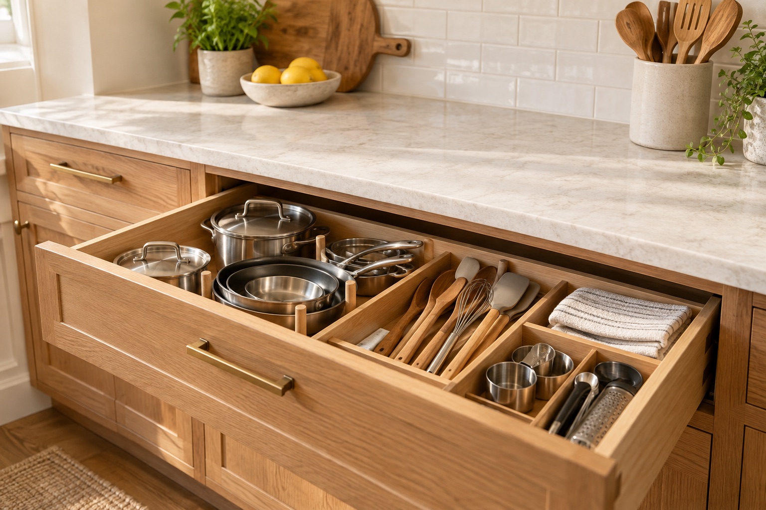 Open oak kitchen drawer with organized cookware and utensils.