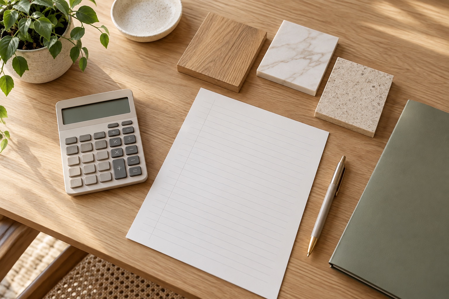 Calculator, blank worksheet, notebook, and finish samples on a desk.